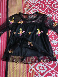 Sheer Black Embroidered Bell Sleeve Top