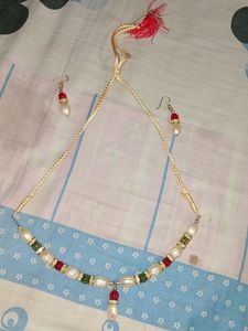 Pearl and Red Beaded Necklace Set