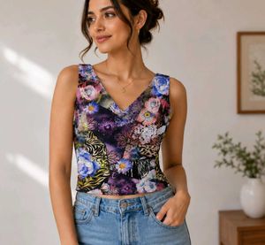 Velvet imported Patchwork Floral V-Neck Crop Top