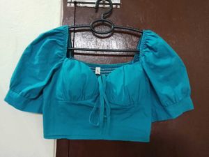 Teal Puff Sleeve Crop Top
