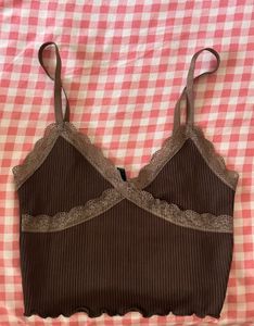 Brown Ribbed Lace Trim Cami Top