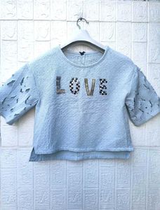 New with tag Light Blue "LOVE" Embellished T-Shirt