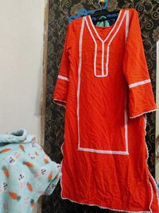 Orange Kurta with White Lace Trim
