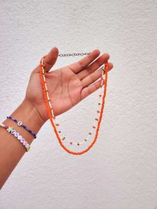 Beaded Layered Necklace🩷🧡🤍💚