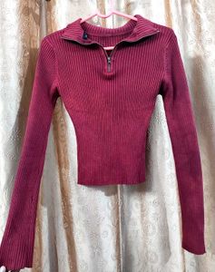 Maroon Ribbed Knit Polo Top