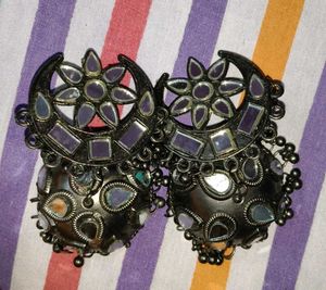 Oxidized Mirror Jhumka Earrings