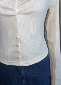 Cream Faux Fur Trim Ribbed Top