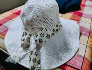 White Sun Hat with Floral Ribbon