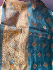 Beautiful Teal Saree with Gold Print