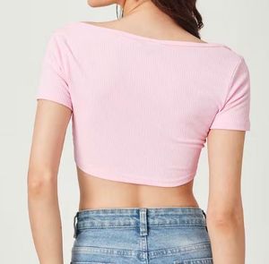 Pink Ribbed Button-Up Crop Top