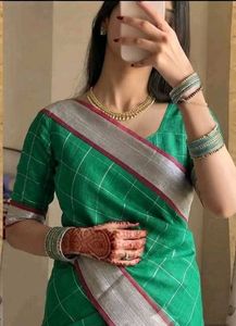 Emerald Green Cotton Checked Saree