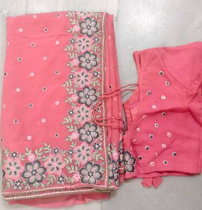 Beautiful Embroidered Pink Saree with blouse