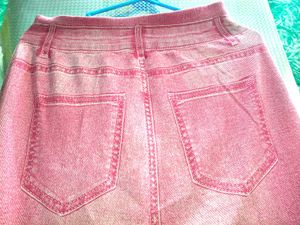 Women's Pink Printed Denim Look Jeggings | Stretch