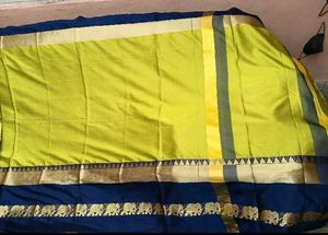 NewVibrant Yellow&amp;Blue ZariBorder CottonSilk Sare