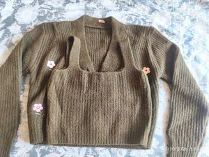 Olive Green Knit Cardigan with Flower Detail