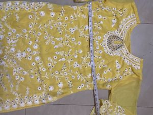 Pearls &amp; Embroided Yellow Kurta Set