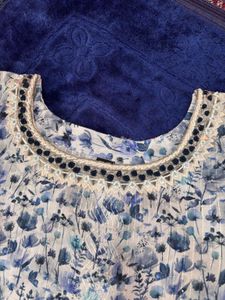 Floral Print Kurta with Embellished Neckline