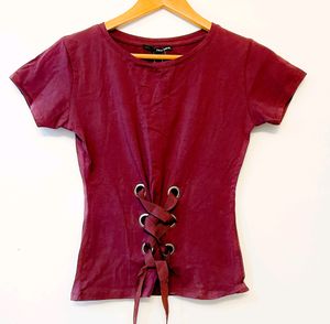 Tally Weijl Goth Corset Burgundy Maroon Tie Up Tee