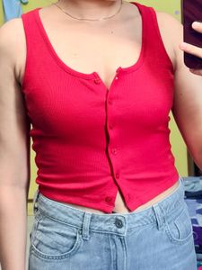 Red Button-Up Crop Tank Top