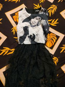 Vintage Glam Graphic And Ruffled Skirt Dress