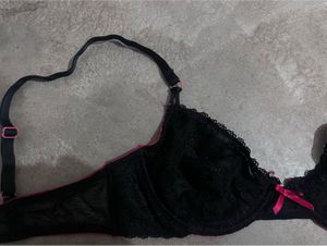 Black Lace Mesh Underwire Bra with Hot Pink Trim &amp;