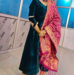 Elegant Ethnic velvet anarkali with bnarsi Shawl