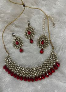 Unused Exquisite Red Stone & Pearl Necklace Set