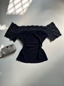 Navy Lace Trim Off-Shoulder Top