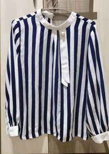 Chic Striped Neck Tie Blouse
