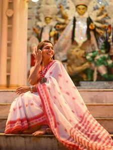 Elegant White &amp; Red Saree