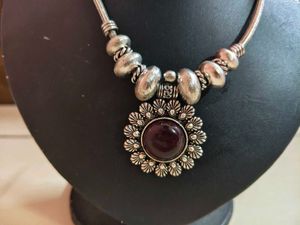Boho Silver tone Necklace with red stone