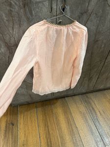 Elegant Peach Puff Sleeve Button-Up Blouse
