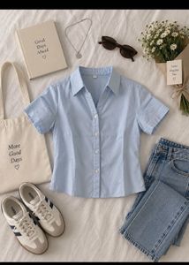 Light Blue Collared Short Sleeve Top
