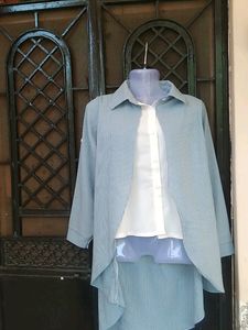 High Low Branded Top/ White Blue Top