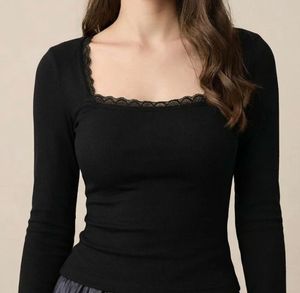 Premium Black Lace Trim Long Sleeve Top