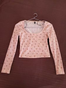 H&M Picot Trimmed Ribbed Top Peach/S