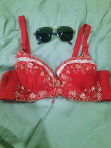 Red Floral Embroidered Bra