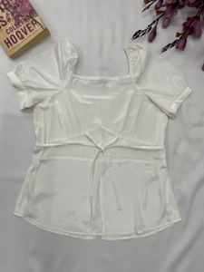 Chic White Puff Sleeve top,front slit
