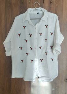 women Floral Embroidered White Shirt