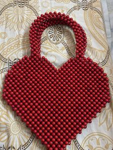 Red Beaded Heart-Shaped Handbag