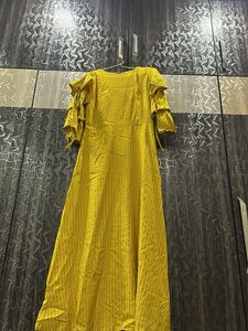 Elegant Yellow Striped Kurta with Ruffled one piec