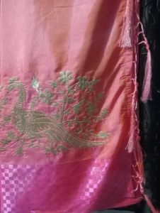 Elegant Pink Silk Saree with Peacock Embroidery