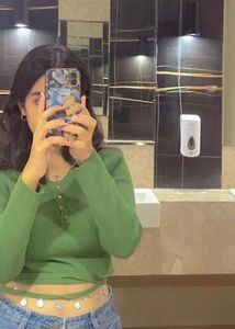 Trendy Green Ribbed Henley Top