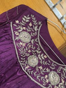 Elegant Embroidered Purple Gown with veil and belt