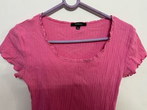 Pink Ribbed Frill-Sleeve Top
