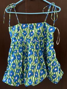 Vibrant Blue Floral Print Tie-Strap Top