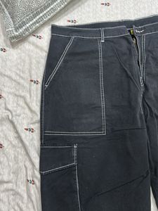 Stylish Black Cargo Pants with White Stitching