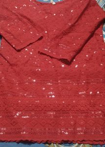 Red Embellished Kurta with Sequins