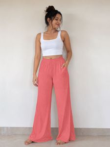 Coral Ribbed Wide-Leg Pant