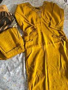 Yellow Kurta Set with Embellished Neckline
